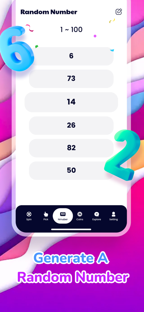 Wheel Spinner: Finger Chooser - Interface of the Wheel Spinner app showing a random number generator feature with a list of selected numbers