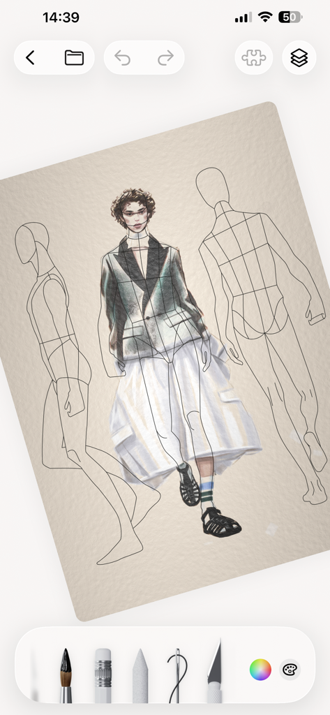 Digital fashion illustration of a male model over linework guides on a textured canvas in Prêt-à-Template