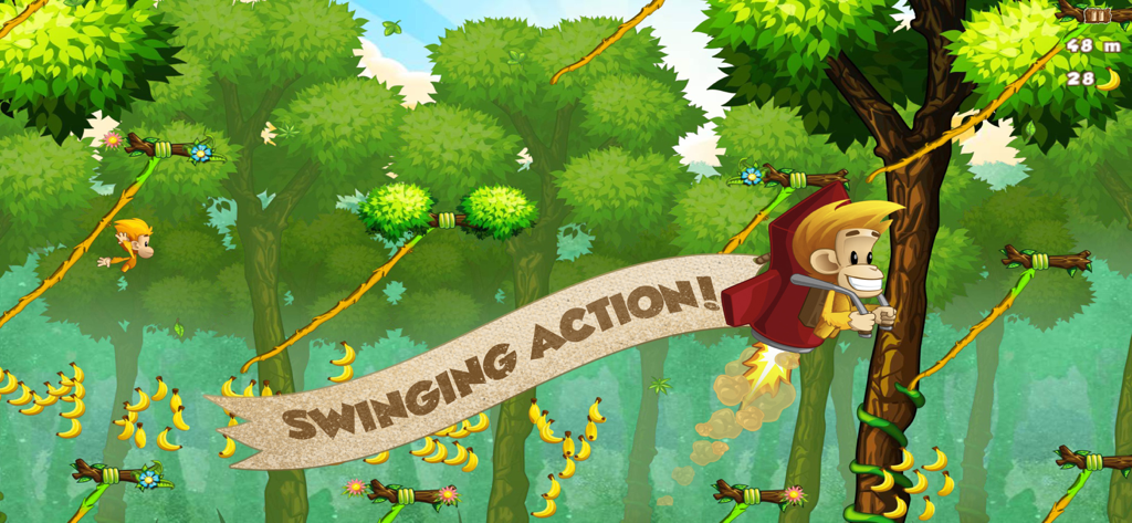 Benji the monkey flying through a lush jungle with a jetpack while collecting bananas.