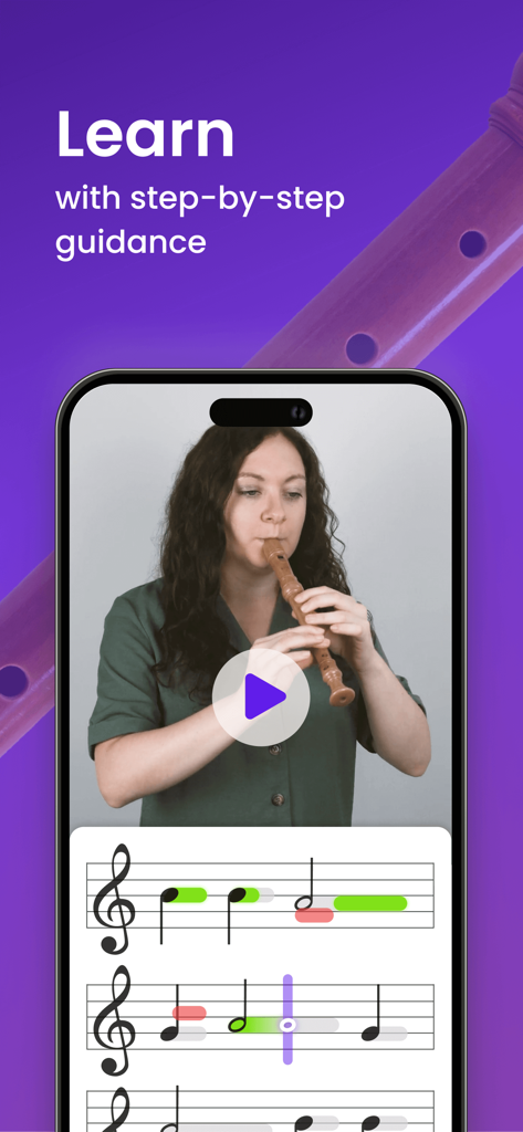 Smartphone displaying a recorder tutorial video and interactive sheet music for learning to play.