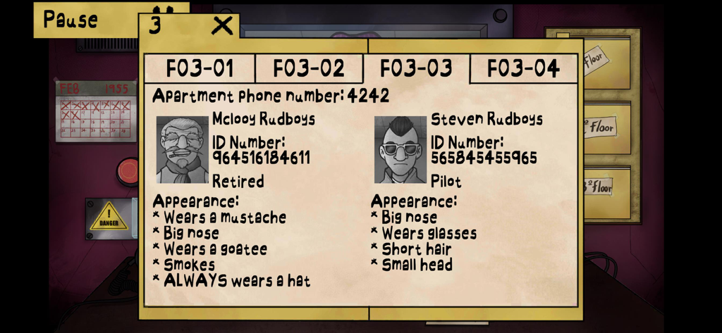 That's not my Neighbor! - Uma captura de tela do jogo mostrando registros de perfil de vizinho para Mclooy e Steven Rudboys com números de identidade e descrições físicas para verificação.