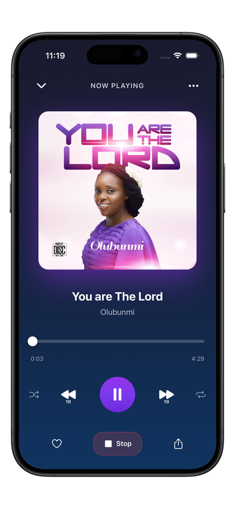 Music player interface in the MFM eBooks app playing the song You are The Lord by Olubunmi