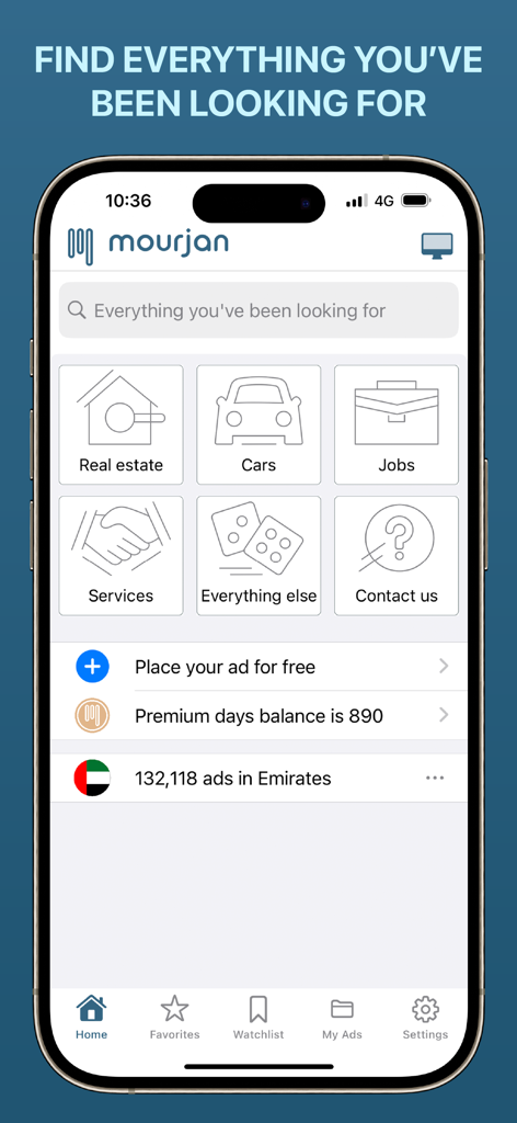 Home screen of the Mourjan classifieds app displaying search categories for real estate cars and jobs in the Emirates