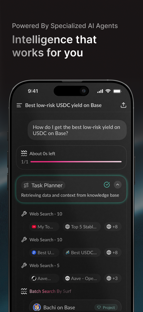 Surf – Crypto AI Assistant - Surf app interface showing specialized AI agents researching low risk USDC yield on Base network