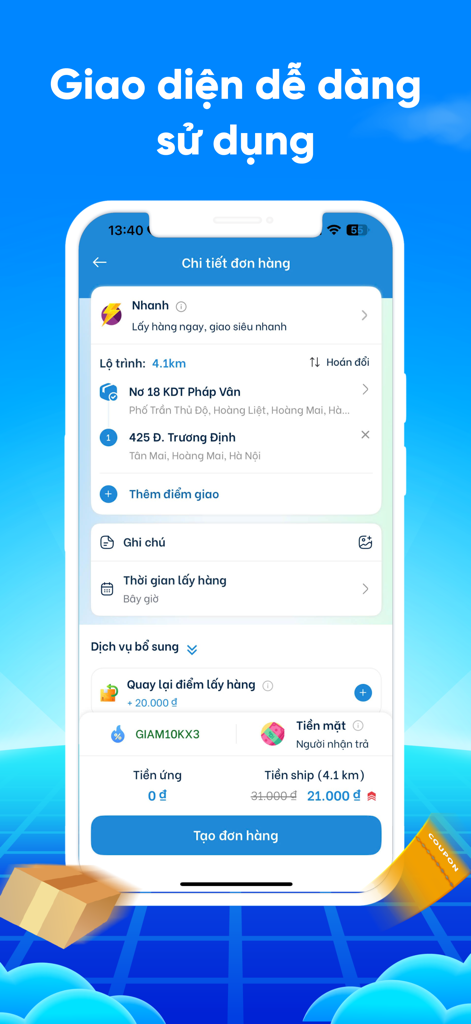 HeyU: Giao hàng thần tốc - Screenshot of the HeyU app showing an easy-to-use delivery order details screen with address and shipping fee information.