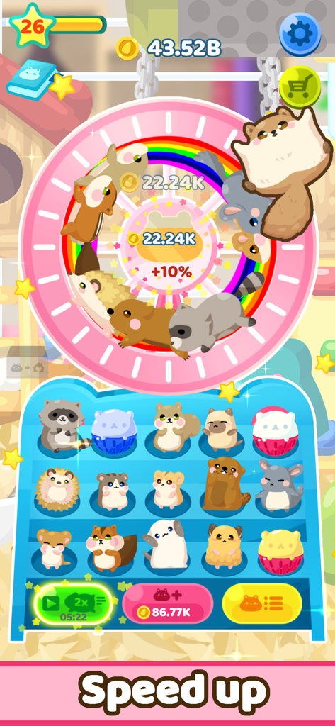 Hamster House! - Hamster House gameplay showing cute animals spinning on a pink wheel and a collection of pets on a shelf