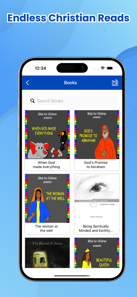 Interface of the Nepali Holy Bible app showing a collection of illustrated Christian books for children.