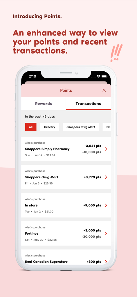 PC Optimum app screen showing a list of reward points transactions and history across various retailers