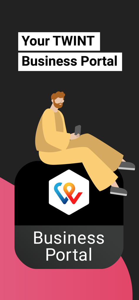 TWINT Business Portal - Einführungsbildschirm der TWINT Business Portal App für Händler mit einer Illustration eines Mannes mit einem Smartphone.