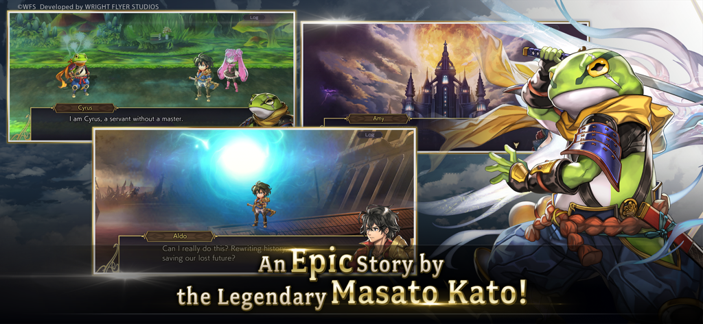 Screenshot promozionale per Another Eden con il personaggio Cyrus e scene di gioco con testo che evidenzia la storia di Masato Kato