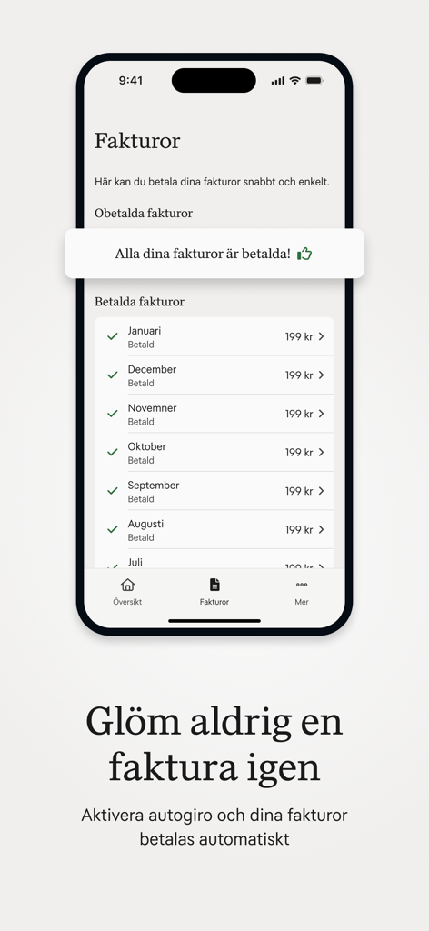 Un smartphone mostrando la pantalla de gestión de facturas de la app Mitt Tele2 con una lista de facturas mensuales pagadas.