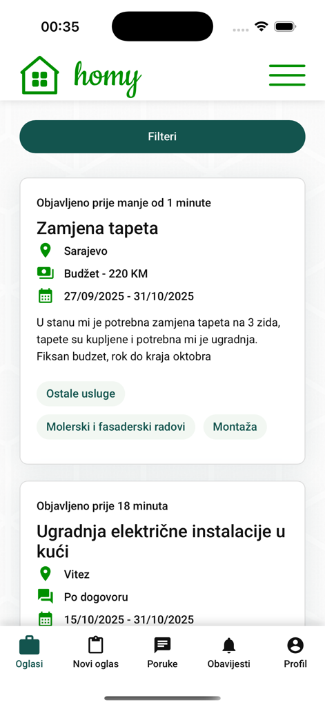 Homy.ba - Mobile app interface showing home service job postings for wallpaper replacement and electrical installation