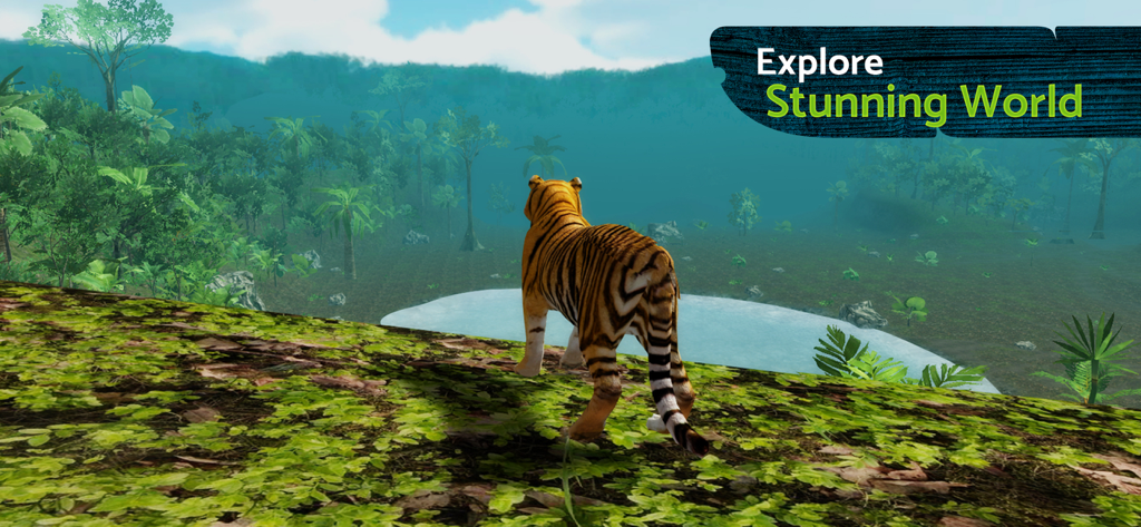 緑豊かなジャングル環境と湖を見下ろす芝生の丘に立つ3Dのトラ