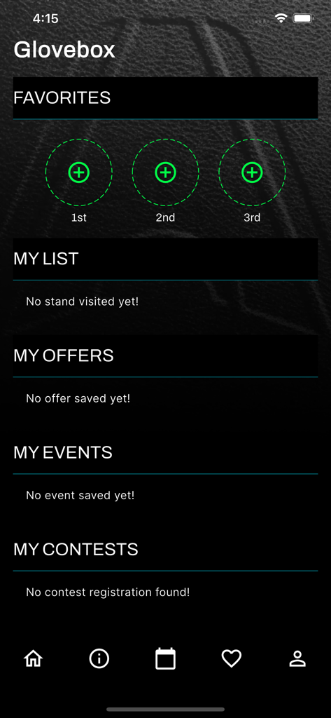 Montreal Auto Show - Pantalla de la Guantera de la aplicación del Salón del Automóvil de Montreal con secciones para favoritos, ofertas personales, eventos y concursos.