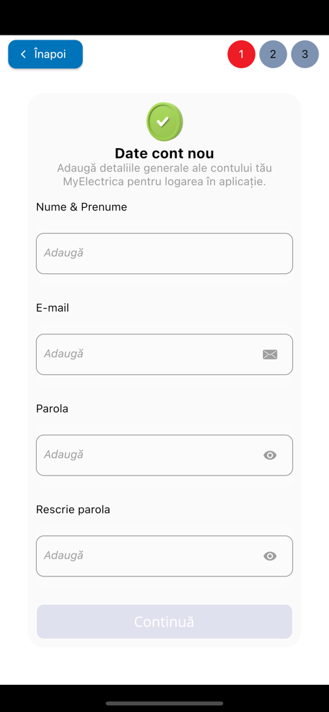 Registration screen for the MyElectrica app showing form fields for name, email and password