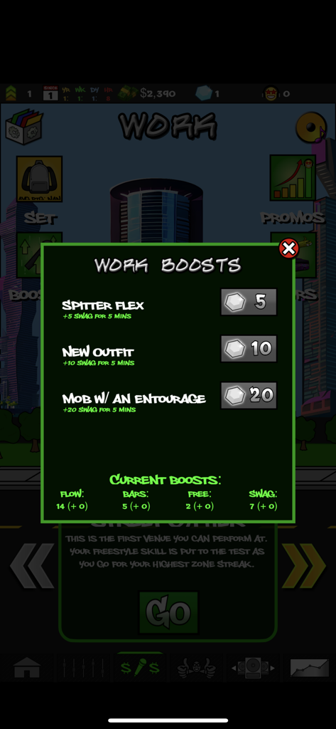 Work boosts menu in Rap Quest 2 showing swag and skill upgrades