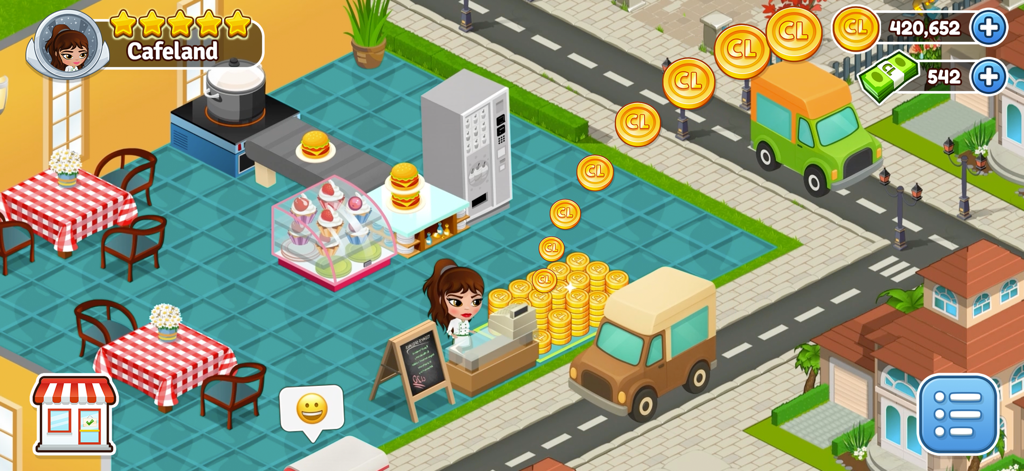 Cafeland - Restaurant Cooking - A chef character manages a decorated cafe with food displays and delivery trucks in the Cafeland mobile game.