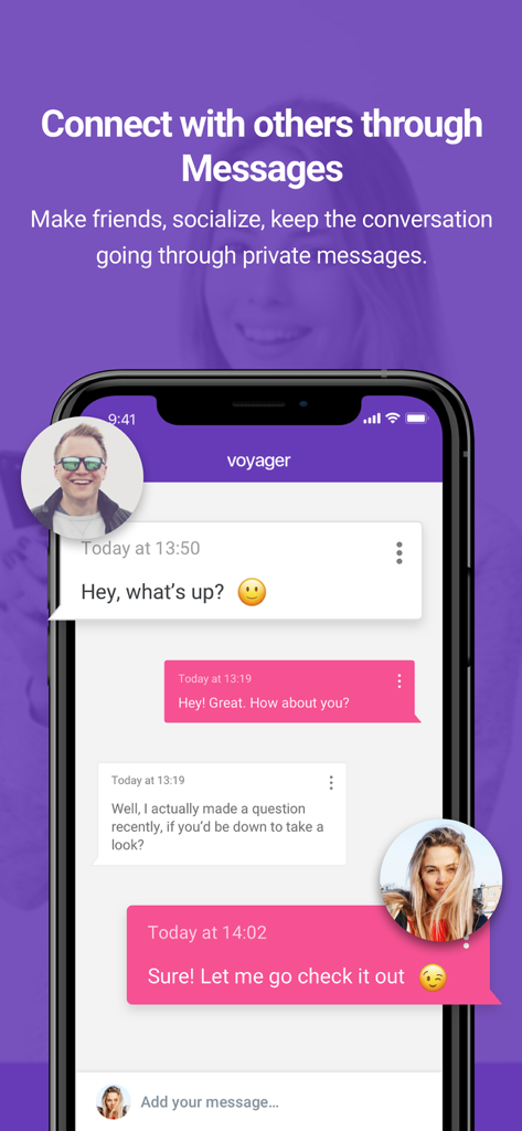 GirlsAskGuys™ - A smartphone screen displaying the private messaging feature of the GirlsAskGuys app with two people chatting.