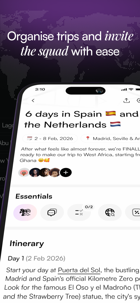 Trip o'clock: Travel anywhere - Tela do aplicativo Trip oclock mostrando um itinerário de viagem em grupo compartilhado com atividades diárias e membros convidados