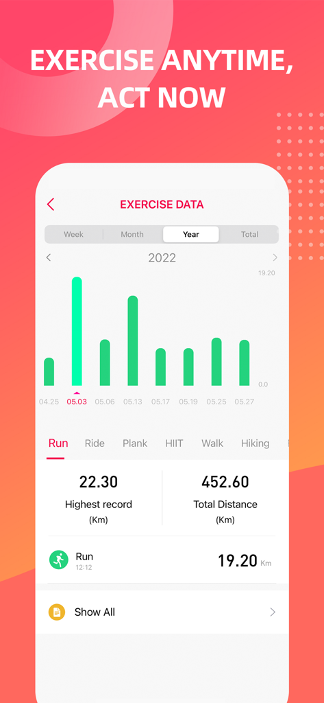 DeepFit - DeepFit app exercise dashboard showing yearly running statistics and distance records