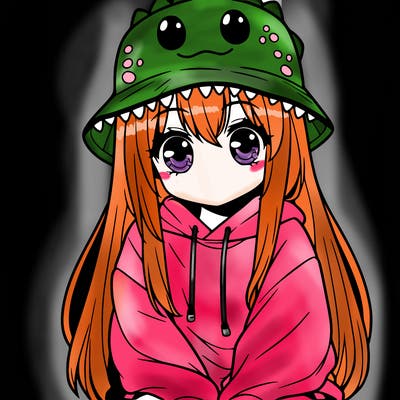 girl with anime shaped eyes with a dinosaur bucket hat oversized sweatshirt long straight hair