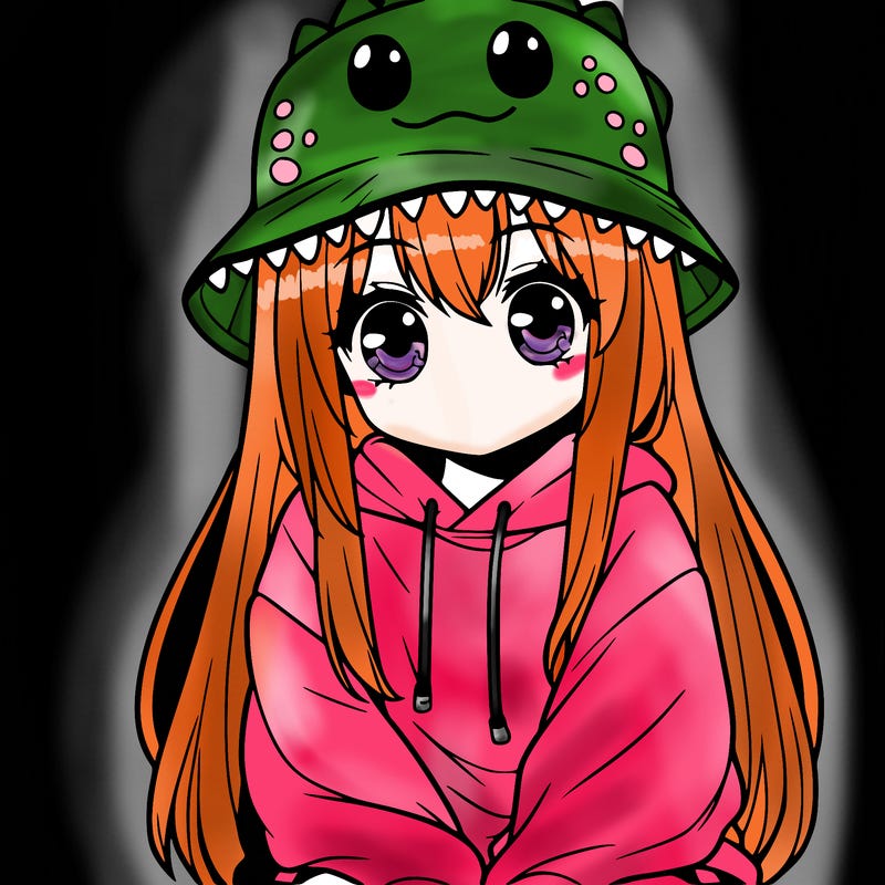 girl with anime shaped eyes with a dinosaur bucket hat oversized sweatshirt long straight hair