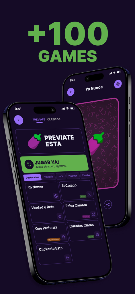 Previate Esta - Party Game - Mobile app interface of Previate Esta showing over 100 party games including Truth or Dare and Never Have I Ever
