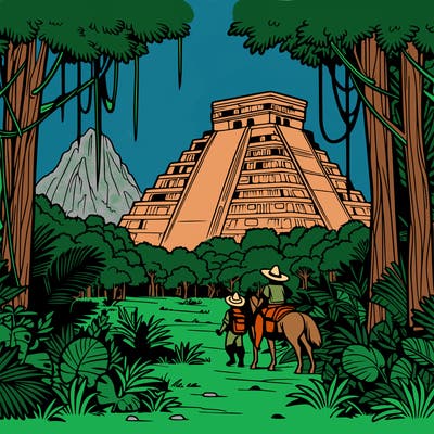the itza arrive in a dense jungle and discover the imposing ruins of chichen itza, with its majestic pyramids covered in vegetation.