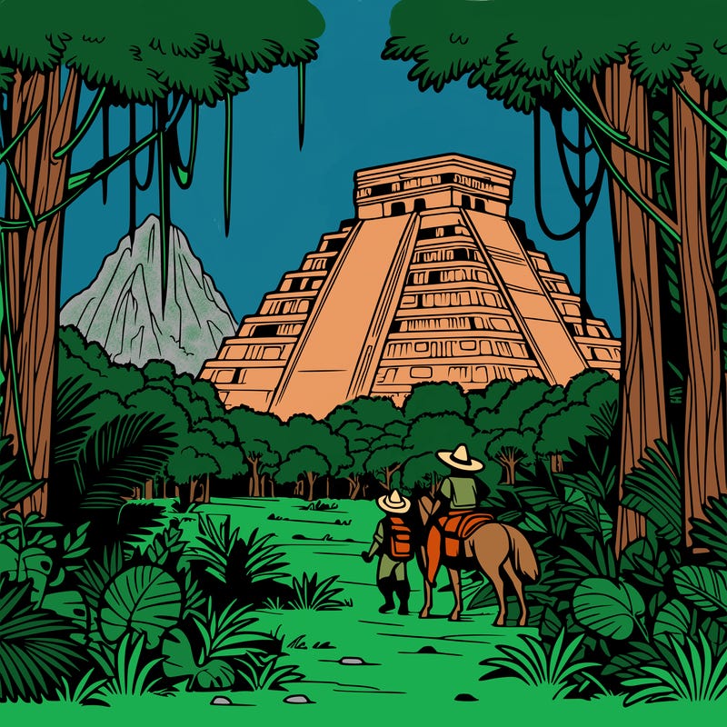 the itza arrive in a dense jungle and discover the imposing ruins of chichen itza, with its majestic pyramids covered in vegetation.