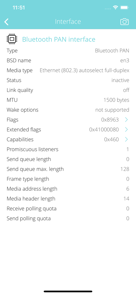 Parámetros técnicos e información de bajo nivel de una interfaz PAN Bluetooth.