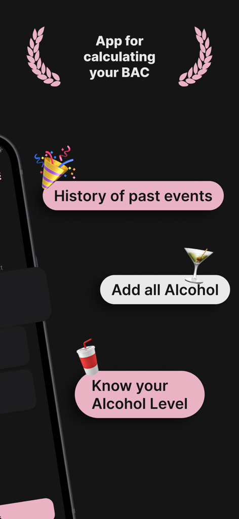 Funktionen der Drink Tracker BAC Buddy App, die die Verfolgung des Alkoholspiegels und die Getränkehistorie zeigen