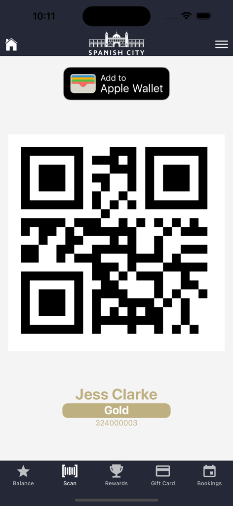 Interface do cartão de fidelidade do aplicativo Spanish City com código QR e integração com Apple Wallet
