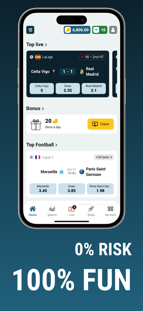 Betoven - Sports Betting - Pantalla de inicio de la aplicación de apuestas deportivas Betoven que muestra partidos de fútbol en vivo y recompensas de moneda virtual sin riesgo.
