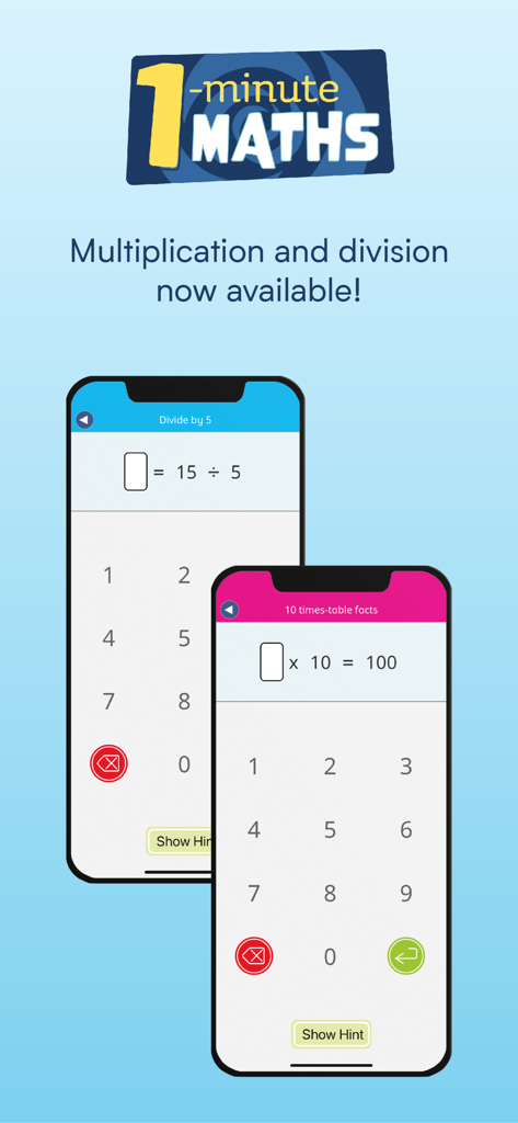 1-Minute Maths - 1-Minute Maths app interface showing multiplication and division practice screens