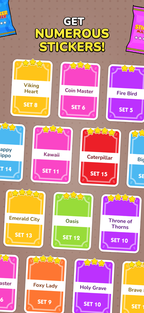 Una colección de varios cromos y juegos de cartas coloridos mostrados en la aplicación Sticker Master