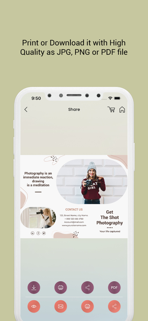 Brochure Maker - Infographic - Mobile app interface showing high quality download and print options for a photography business brochure