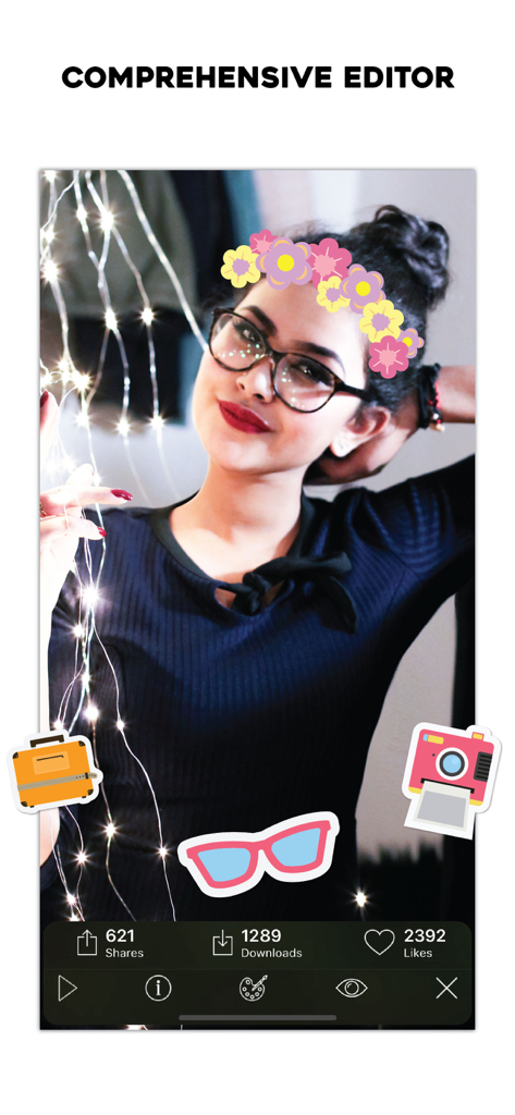 Kappboom - Cool Wallpapers - Screenshot of the Kappboom app photo editor showing a woman with a floral crown filter and various stickers.