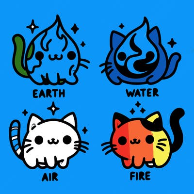 4 cats that represent the different elements, earth, water, air, and fire