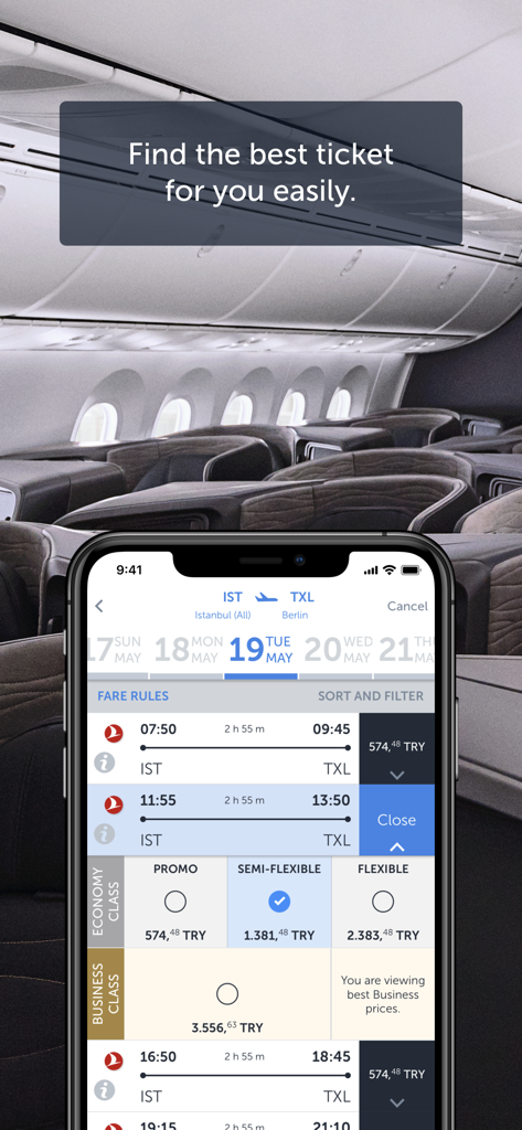 Turkish Airlines mobile app displaying flight search results with economy and business class pricing options.
