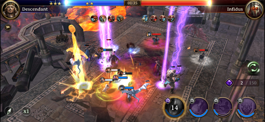 Real-time 3D PvP battle scene in Rise of Firstborn with magical effects and heroes