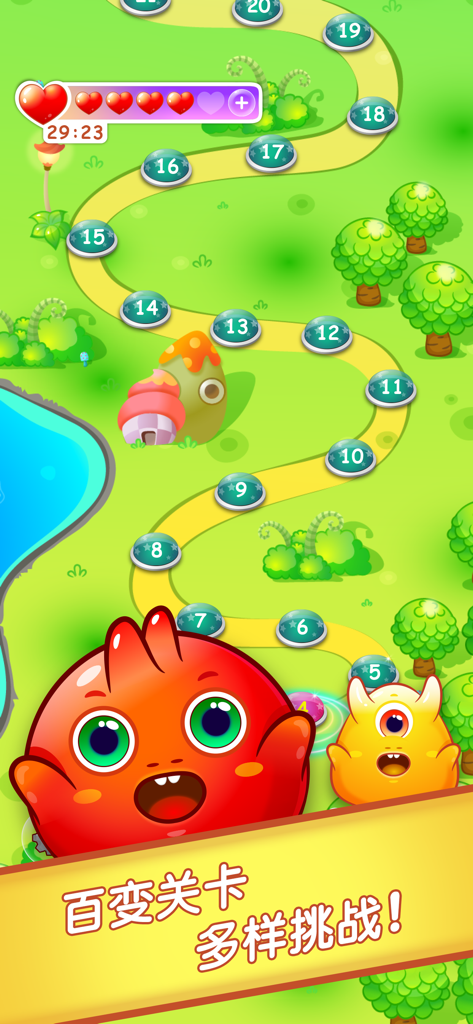 精灵历险记-最好玩的消除游戏 - Captura de pantalla del mapa de progresión de niveles del juego Fairy Adventure que muestra un camino sinuoso con burbujas de nivel numeradas y personajes lindos