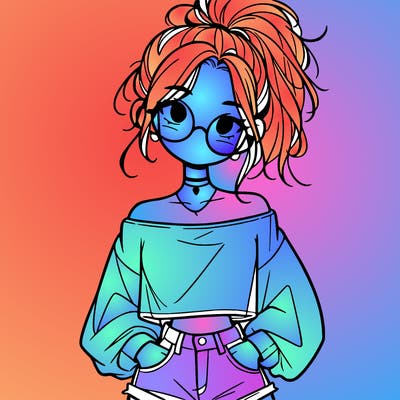 girl with a messy ponytail glasses a baggy crop top and jean shorts