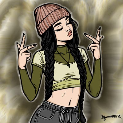 realistic teenage girl with braids and a beanie and crop top doing 🫶🏼