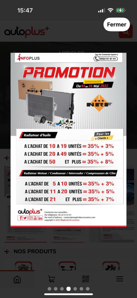 Pop-up promotionnel dans l'application AutoPlus montrant des remises sur les pièces automobiles NRF comme les radiateurs et compresseurs.