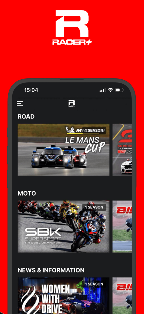 RACER+ - The RACER+ mobile app interface displaying categories for road racing, moto, and news and information.