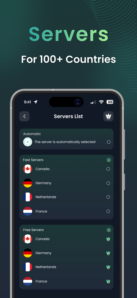 VPN - Top Fast VPN - A mobile phone screen displaying a list of VPN server locations for over 100 countries including Canada and Germany