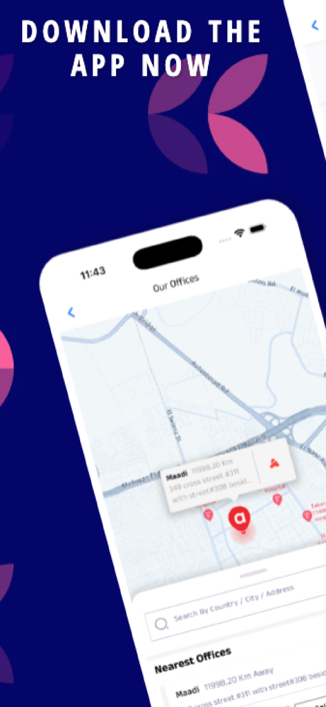Aplicativo Shop and Ship mostrando locais de escritórios globais em um mapa