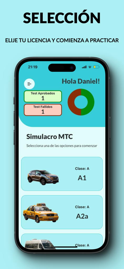 Simulacro MTC Perú 2025 - Schermata di selezione delle categorie di patenti di guida peruviane nell'app Simulacro MTC.