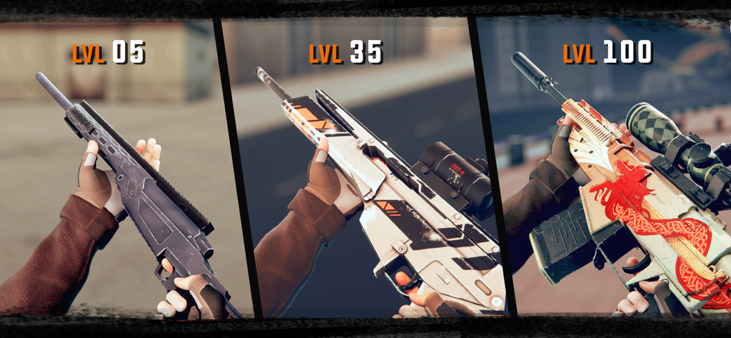 Visual progression of sniper rifle upgrades and custom skins across levels 5 35 and 100