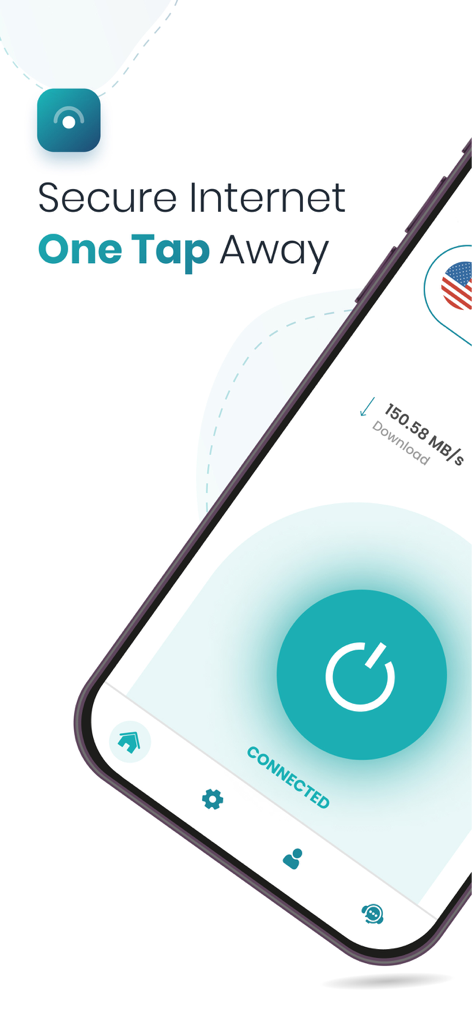 CopVPN - Fast & Secure VPN - Pantalla de la aplicación CopVPN que muestra una conexión segura con un toque y descarga de alta velocidad.